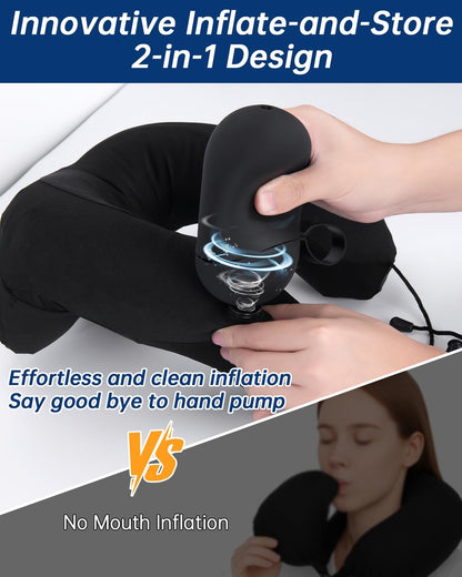 Inflatable Travel Neck Pillow for Airplane with Adjustable 360° Head & Neck Support, 2-in-1 Air Pump and Storage Bag, Soft Removable Washable Cover for Airplane, Train, Office (1, Black)