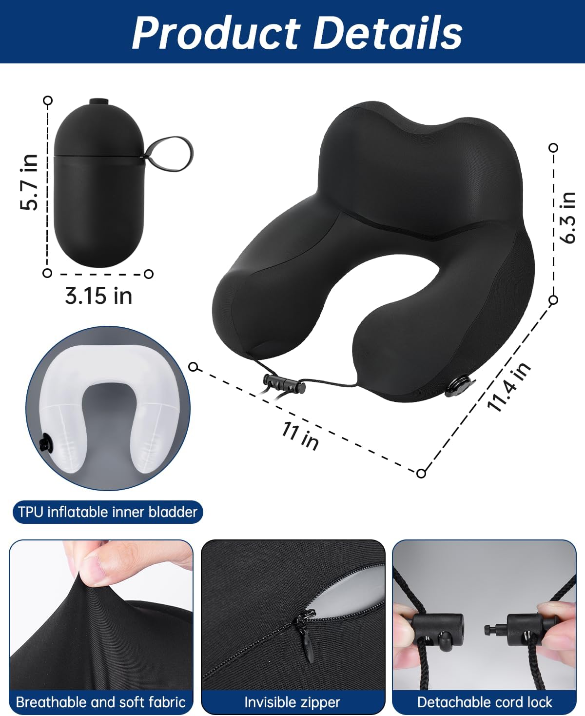 Inflatable Travel Neck Pillow for Airplane with Adjustable 360° Head & Neck Support, 2-in-1 Air Pump and Storage Bag, Soft Removable Washable Cover for Airplane, Train, Office (1, Black)