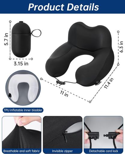 Inflatable Travel Neck Pillow for Airplane with Adjustable 360° Head & Neck Support, 2-in-1 Air Pump and Storage Bag, Soft Removable Washable Cover for Airplane, Train, Office (1, Black)