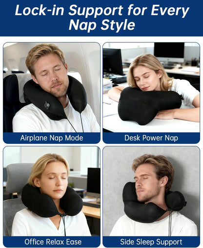 Inflatable Travel Neck Pillow for Airplane with Adjustable 360° Head & Neck Support, 2-in-1 Air Pump and Storage Bag, Soft Removable Washable Cover for Airplane, Train, Office (1, Black)