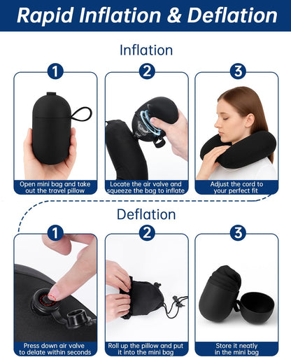 Inflatable Travel Neck Pillow for Airplane with Adjustable 360° Head & Neck Support, 2-in-1 Air Pump and Storage Bag, Soft Removable Washable Cover for Airplane, Train, Office (1, Black)