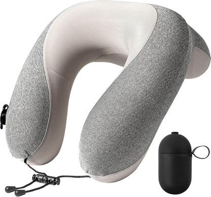 Inflatable Travel Neck Pillow for Airplane with Adjustable 360° Head & Neck Support, 2-in-1 Air Pump and Storage Bag, Soft Removable Washable Cover for Airplane, Train, Office (1, Black)