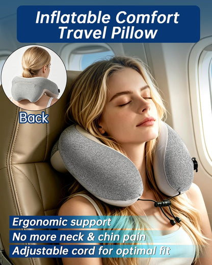 Inflatable Travel Neck Pillow for Airplane with Adjustable 360° Head & Neck Support, 2-in-1 Air Pump and Storage Bag, Soft Removable Washable Cover for Airplane, Train, Office (1, Black)