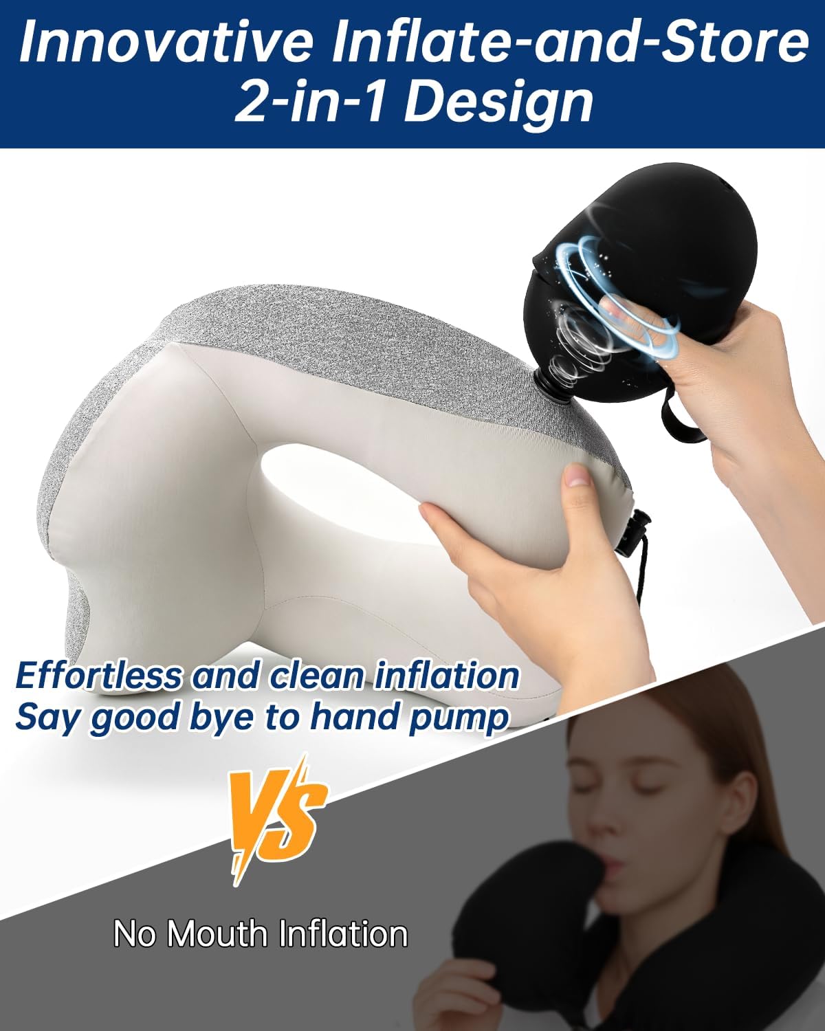 Inflatable Travel Neck Pillow for Airplane with Adjustable 360° Head & Neck Support, 2-in-1 Air Pump and Storage Bag, Soft Removable Washable Cover for Airplane, Train, Office (1, Black)