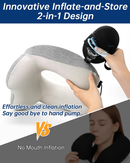 Inflatable Travel Neck Pillow for Airplane with Adjustable 360° Head & Neck Support, 2-in-1 Air Pump and Storage Bag, Soft Removable Washable Cover for Airplane, Train, Office (1, Black)