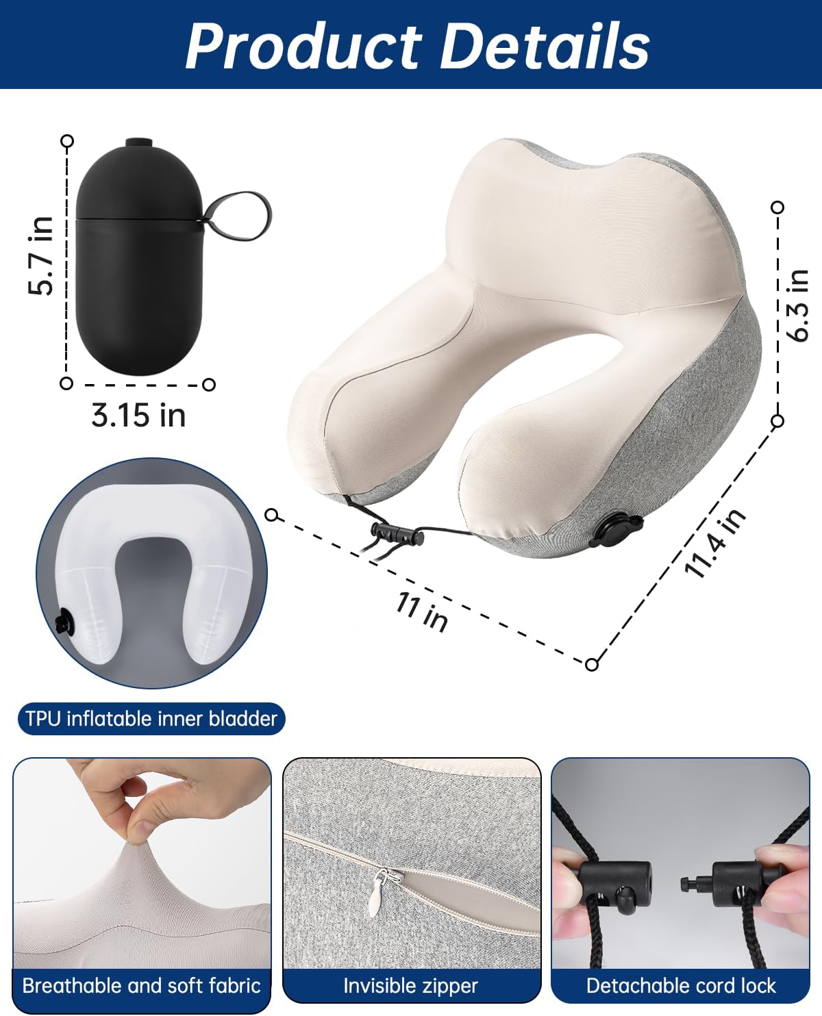 Inflatable Travel Neck Pillow for Airplane with Adjustable 360° Head & Neck Support, 2-in-1 Air Pump and Storage Bag, Soft Removable Washable Cover for Airplane, Train, Office (1, Black)