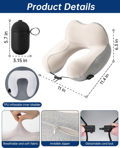 Inflatable Travel Neck Pillow for Airplane with Adjustable 360° Head & Neck Support, 2-in-1 Air Pump and Storage Bag, Soft Removable Washable Cover for Airplane, Train, Office (1, Black)