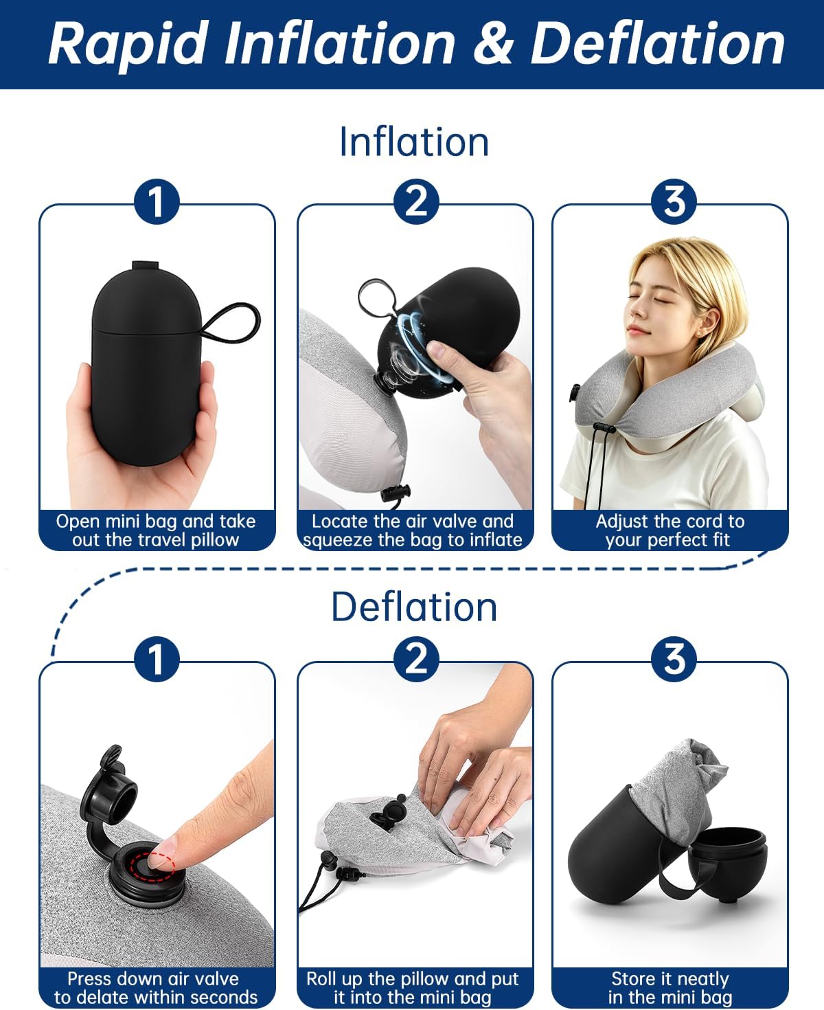Inflatable Travel Neck Pillow for Airplane with Adjustable 360° Head & Neck Support, 2-in-1 Air Pump and Storage Bag, Soft Removable Washable Cover for Airplane, Train, Office (1, Black)