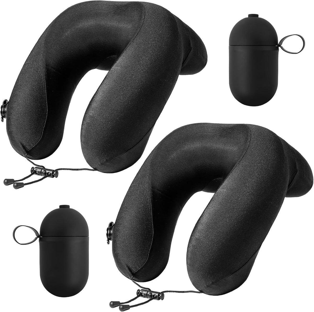 Inflatable Travel Neck Pillow for Airplane with Adjustable 360° Head & Neck Support, 2-in-1 Air Pump and Storage Bag, Soft Removable Washable Cover for Airplane, Train, Office (1, Black)