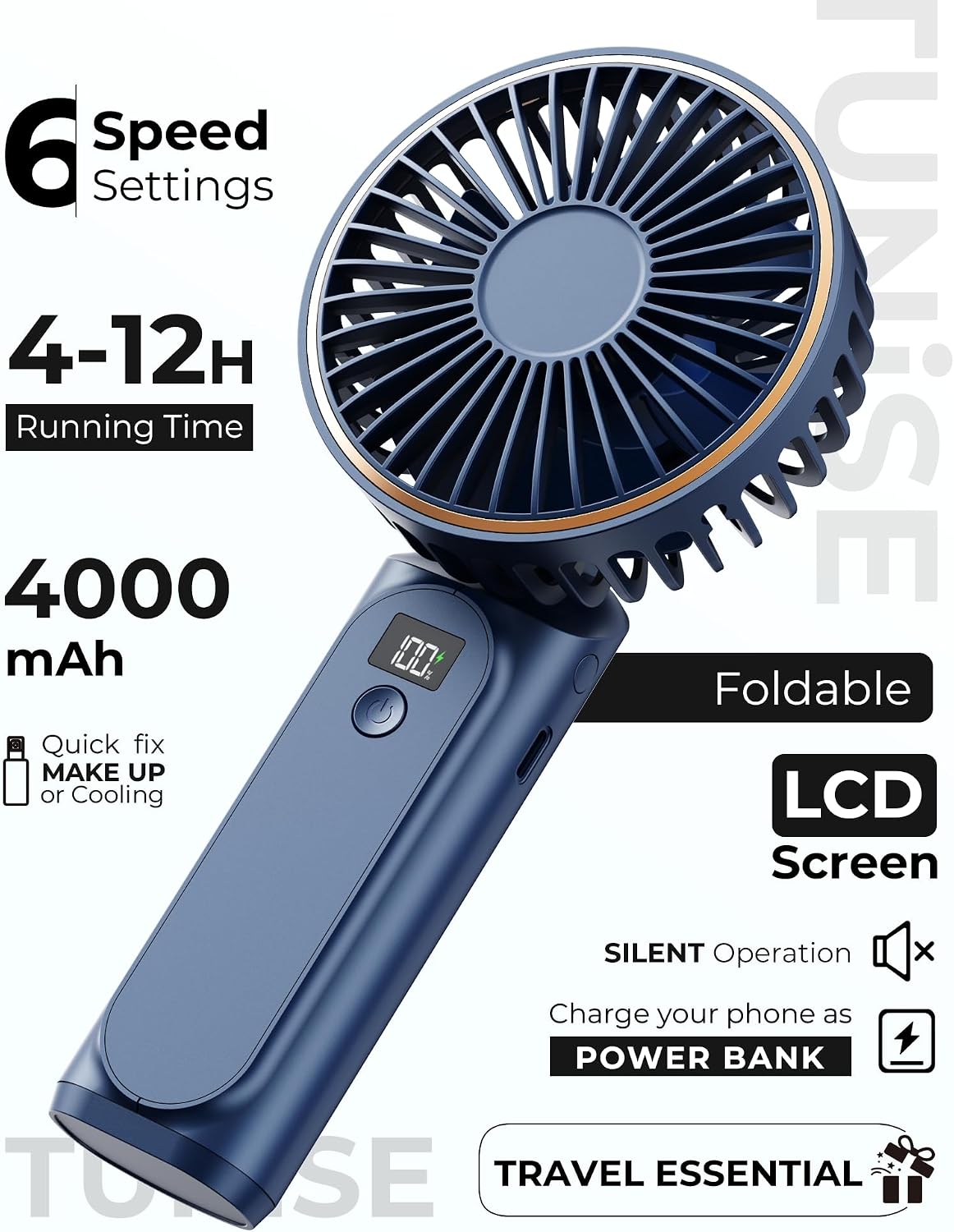 TUNISE Portable Handheld Fan, Portable Fan Rechargeable, 4000mAh, 180° Adjustable, 6 Speed Wind, Display Electricity in Real Time, USB Rechargeable Foldable F an, Quiet Personal Fan as Power Bank