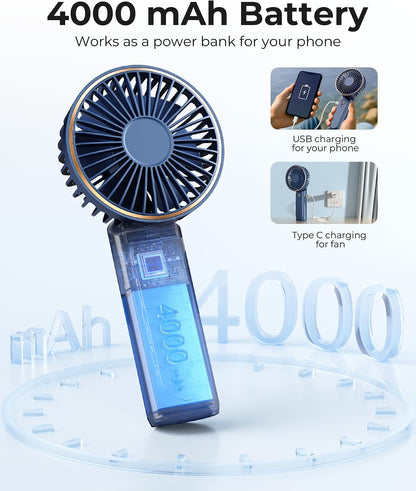 TUNISE Portable Handheld Fan, Portable Fan Rechargeable, 4000mAh, 180° Adjustable, 6 Speed Wind, Display Electricity in Real Time, USB Rechargeable Foldable F an, Quiet Personal Fan as Power Bank