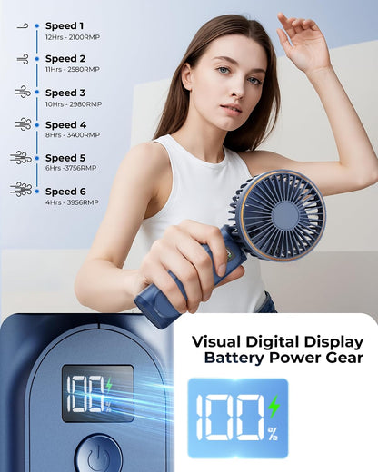 TUNISE Portable Handheld Fan, Portable Fan Rechargeable, 4000mAh, 180° Adjustable, 6 Speed Wind, Display Electricity in Real Time, USB Rechargeable Foldable F an, Quiet Personal Fan as Power Bank