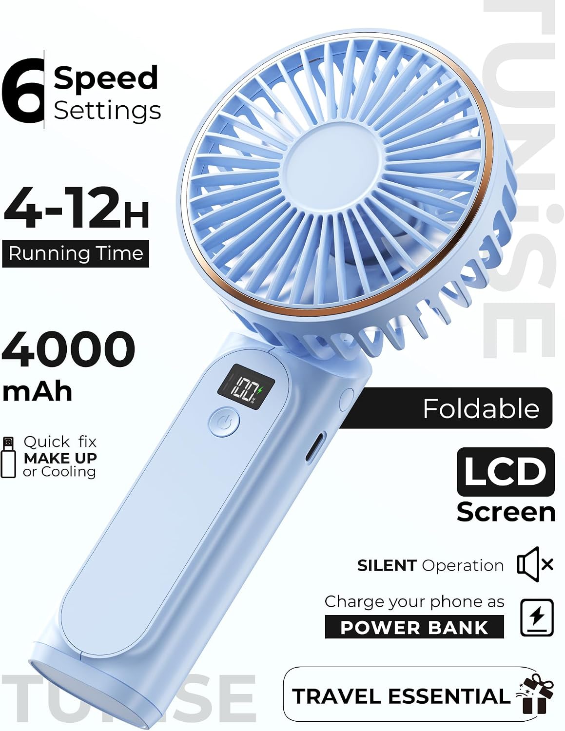 TUNISE Portable Handheld Fan, Portable Fan Rechargeable, 4000mAh, 180° Adjustable, 6 Speed Wind, Display Electricity in Real Time, USB Rechargeable Foldable F an, Quiet Personal Fan as Power Bank