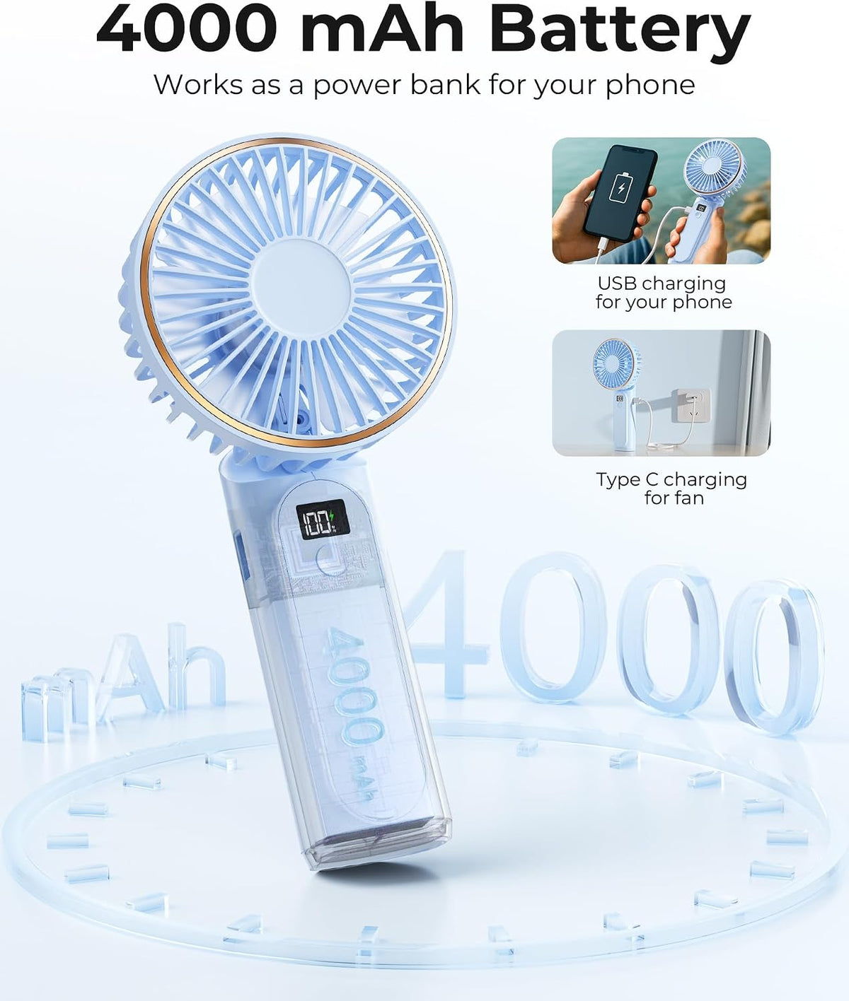 TUNISE Portable Handheld Fan, Portable Fan Rechargeable, 4000mAh, 180° Adjustable, 6 Speed Wind, Display Electricity in Real Time, USB Rechargeable Foldable F an, Quiet Personal Fan as Power Bank