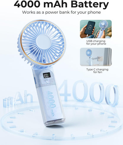 TUNISE Portable Handheld Fan, Portable Fan Rechargeable, 4000mAh, 180° Adjustable, 6 Speed Wind, Display Electricity in Real Time, USB Rechargeable Foldable F an, Quiet Personal Fan as Power Bank