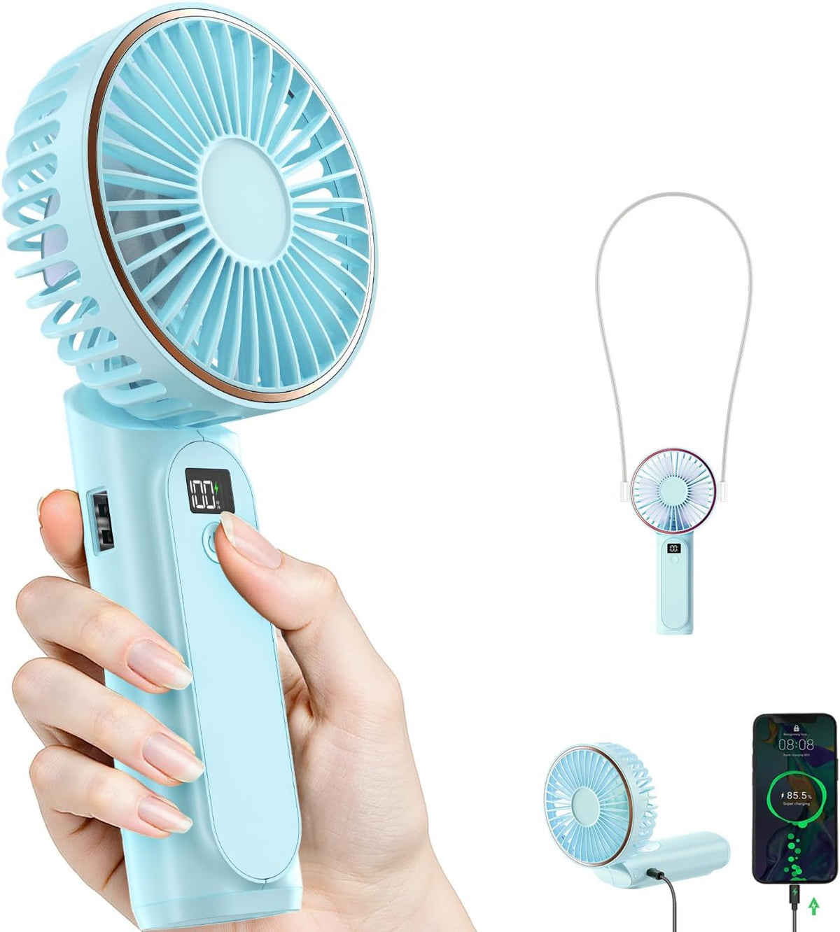 TUNISE Portable Handheld Fan, Portable Fan Rechargeable, 4000mAh, 180° Adjustable, 6 Speed Wind, Display Electricity in Real Time, USB Rechargeable Foldable F an, Quiet Personal Fan as Power Bank