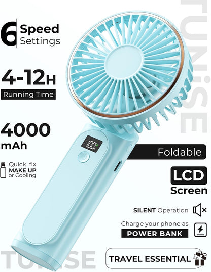 TUNISE Portable Handheld Fan, Portable Fan Rechargeable, 4000mAh, 180° Adjustable, 6 Speed Wind, Display Electricity in Real Time, USB Rechargeable Foldable F an, Quiet Personal Fan as Power Bank