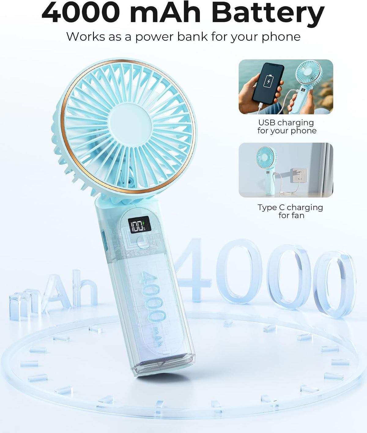 TUNISE Portable Handheld Fan, Portable Fan Rechargeable, 4000mAh, 180° Adjustable, 6 Speed Wind, Display Electricity in Real Time, USB Rechargeable Foldable F an, Quiet Personal Fan as Power Bank