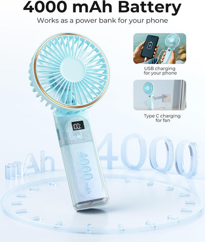 TUNISE Portable Handheld Fan, Portable Fan Rechargeable, 4000mAh, 180° Adjustable, 6 Speed Wind, Display Electricity in Real Time, USB Rechargeable Foldable F an, Quiet Personal Fan as Power Bank