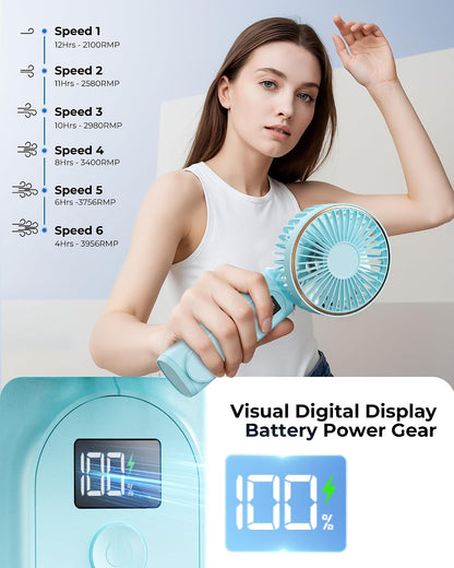 TUNISE Portable Handheld Fan, Portable Fan Rechargeable, 4000mAh, 180° Adjustable, 6 Speed Wind, Display Electricity in Real Time, USB Rechargeable Foldable F an, Quiet Personal Fan as Power Bank