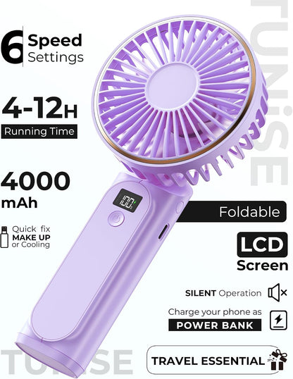 TUNISE Portable Handheld Fan, Portable Fan Rechargeable, 4000mAh, 180° Adjustable, 6 Speed Wind, Display Electricity in Real Time, USB Rechargeable Foldable F an, Quiet Personal Fan as Power Bank