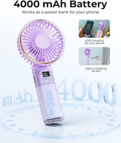 TUNISE Portable Handheld Fan, Portable Fan Rechargeable, 4000mAh, 180° Adjustable, 6 Speed Wind, Display Electricity in Real Time, USB Rechargeable Foldable F an, Quiet Personal Fan as Power Bank