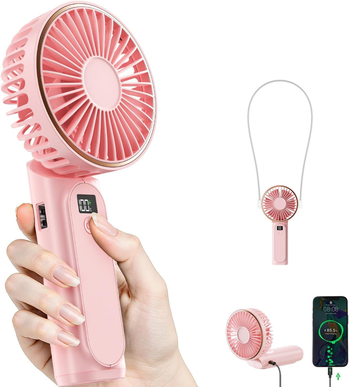 TUNISE Portable Handheld Fan, Portable Fan Rechargeable, 4000mAh, 180° Adjustable, 6 Speed Wind, Display Electricity in Real Time, USB Rechargeable Foldable F an, Quiet Personal Fan as Power Bank