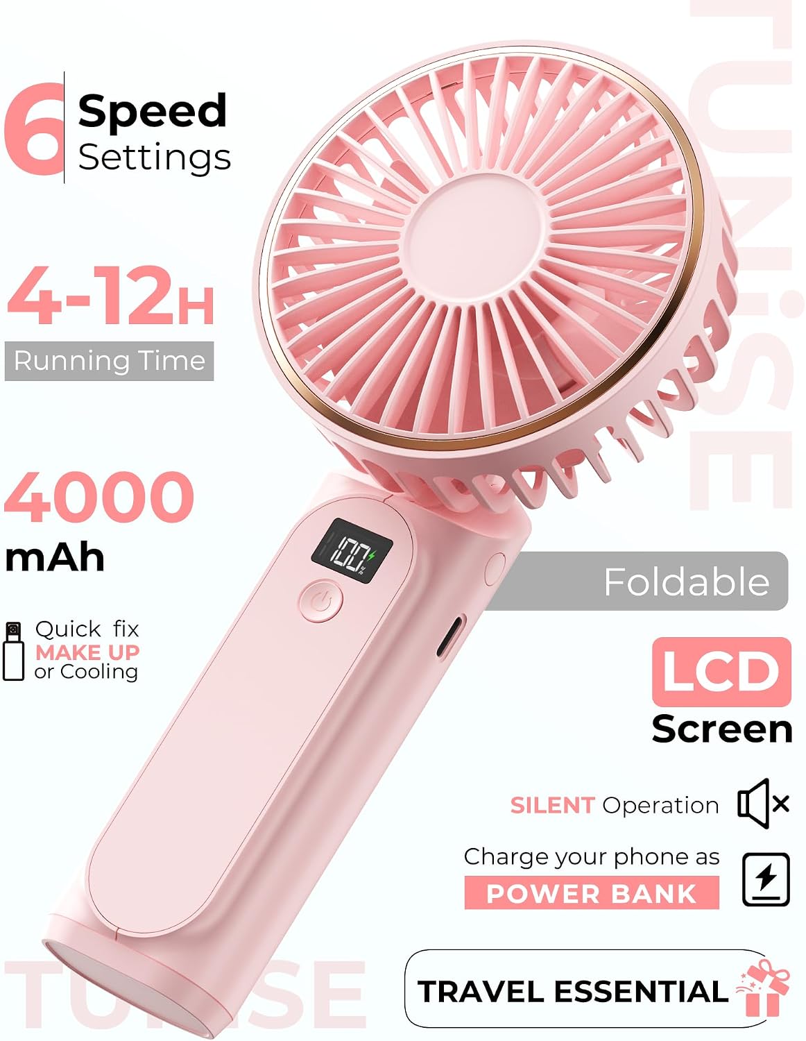 TUNISE Portable Handheld Fan, Portable Fan Rechargeable, 4000mAh, 180° Adjustable, 6 Speed Wind, Display Electricity in Real Time, USB Rechargeable Foldable F an, Quiet Personal Fan as Power Bank