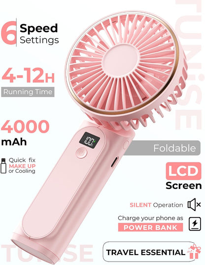 TUNISE Portable Handheld Fan, Portable Fan Rechargeable, 4000mAh, 180° Adjustable, 6 Speed Wind, Display Electricity in Real Time, USB Rechargeable Foldable F an, Quiet Personal Fan as Power Bank