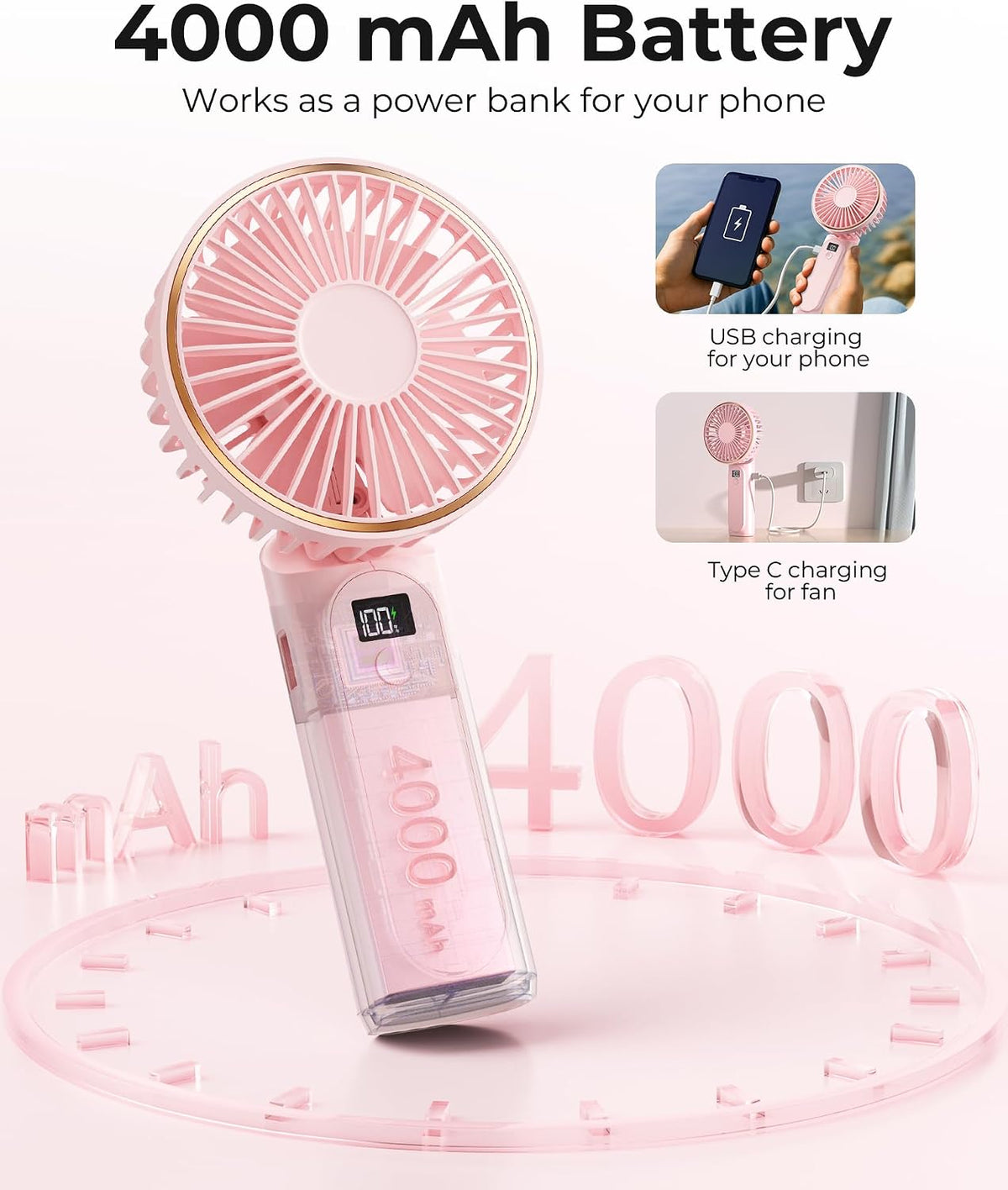 TUNISE Portable Handheld Fan, Portable Fan Rechargeable, 4000mAh, 180° Adjustable, 6 Speed Wind, Display Electricity in Real Time, USB Rechargeable Foldable F an, Quiet Personal Fan as Power Bank