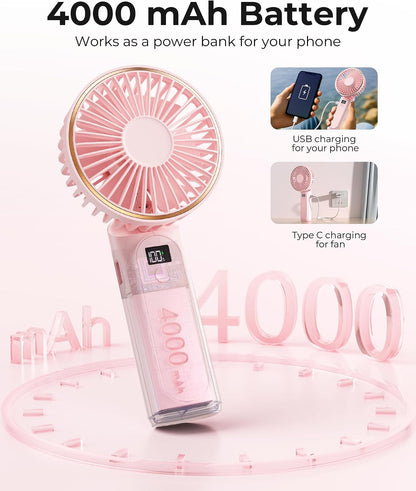 TUNISE Portable Handheld Fan, Portable Fan Rechargeable, 4000mAh, 180° Adjustable, 6 Speed Wind, Display Electricity in Real Time, USB Rechargeable Foldable F an, Quiet Personal Fan as Power Bank