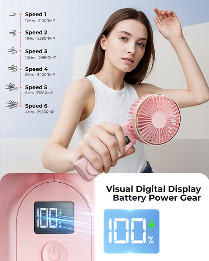 TUNISE Portable Handheld Fan, Portable Fan Rechargeable, 4000mAh, 180° Adjustable, 6 Speed Wind, Display Electricity in Real Time, USB Rechargeable Foldable F an, Quiet Personal Fan as Power Bank