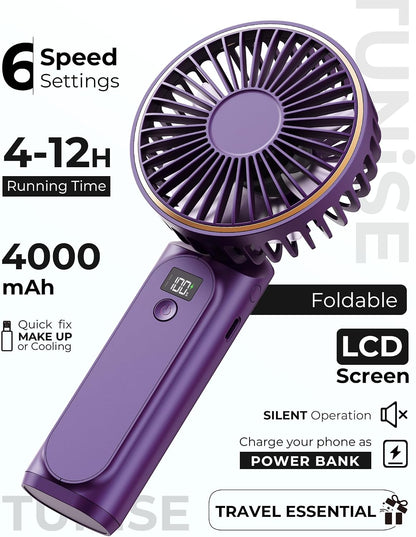 TUNISE Portable Handheld Fan, Portable Fan Rechargeable, 4000mAh, 180° Adjustable, 6 Speed Wind, Display Electricity in Real Time, USB Rechargeable Foldable F an, Quiet Personal Fan as Power Bank