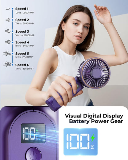 TUNISE Portable Handheld Fan, Portable Fan Rechargeable, 4000mAh, 180° Adjustable, 6 Speed Wind, Display Electricity in Real Time, USB Rechargeable Foldable F an, Quiet Personal Fan as Power Bank