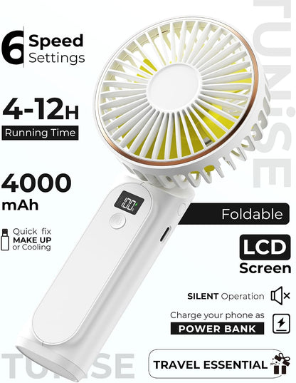 TUNISE Portable Handheld Fan, Portable Fan Rechargeable, 4000mAh, 180° Adjustable, 6 Speed Wind, Display Electricity in Real Time, USB Rechargeable Foldable F an, Quiet Personal Fan as Power Bank