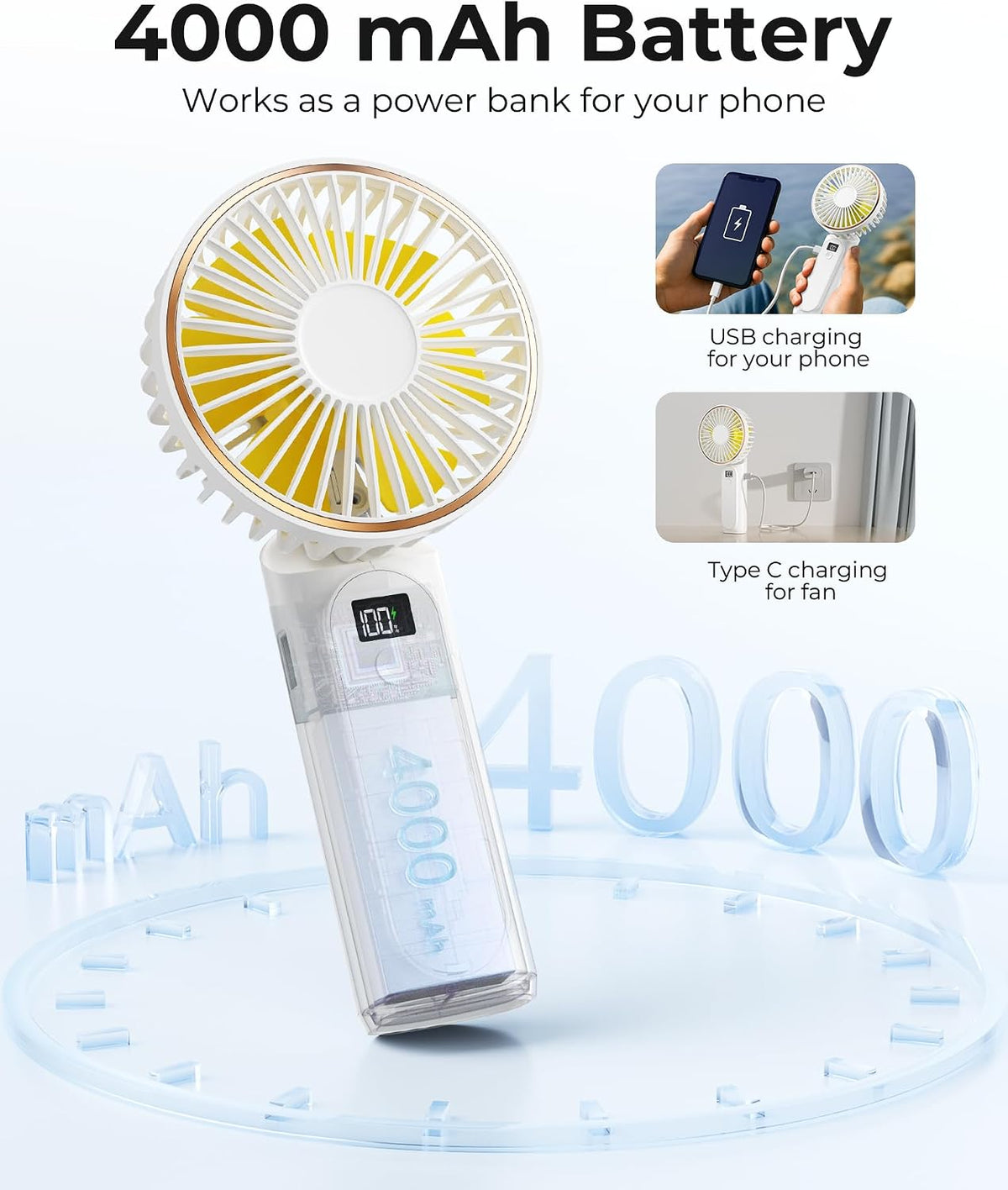 TUNISE Portable Handheld Fan, Portable Fan Rechargeable, 4000mAh, 180° Adjustable, 6 Speed Wind, Display Electricity in Real Time, USB Rechargeable Foldable F an, Quiet Personal Fan as Power Bank