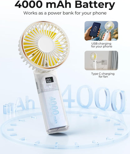 TUNISE Portable Handheld Fan, Portable Fan Rechargeable, 4000mAh, 180° Adjustable, 6 Speed Wind, Display Electricity in Real Time, USB Rechargeable Foldable F an, Quiet Personal Fan as Power Bank