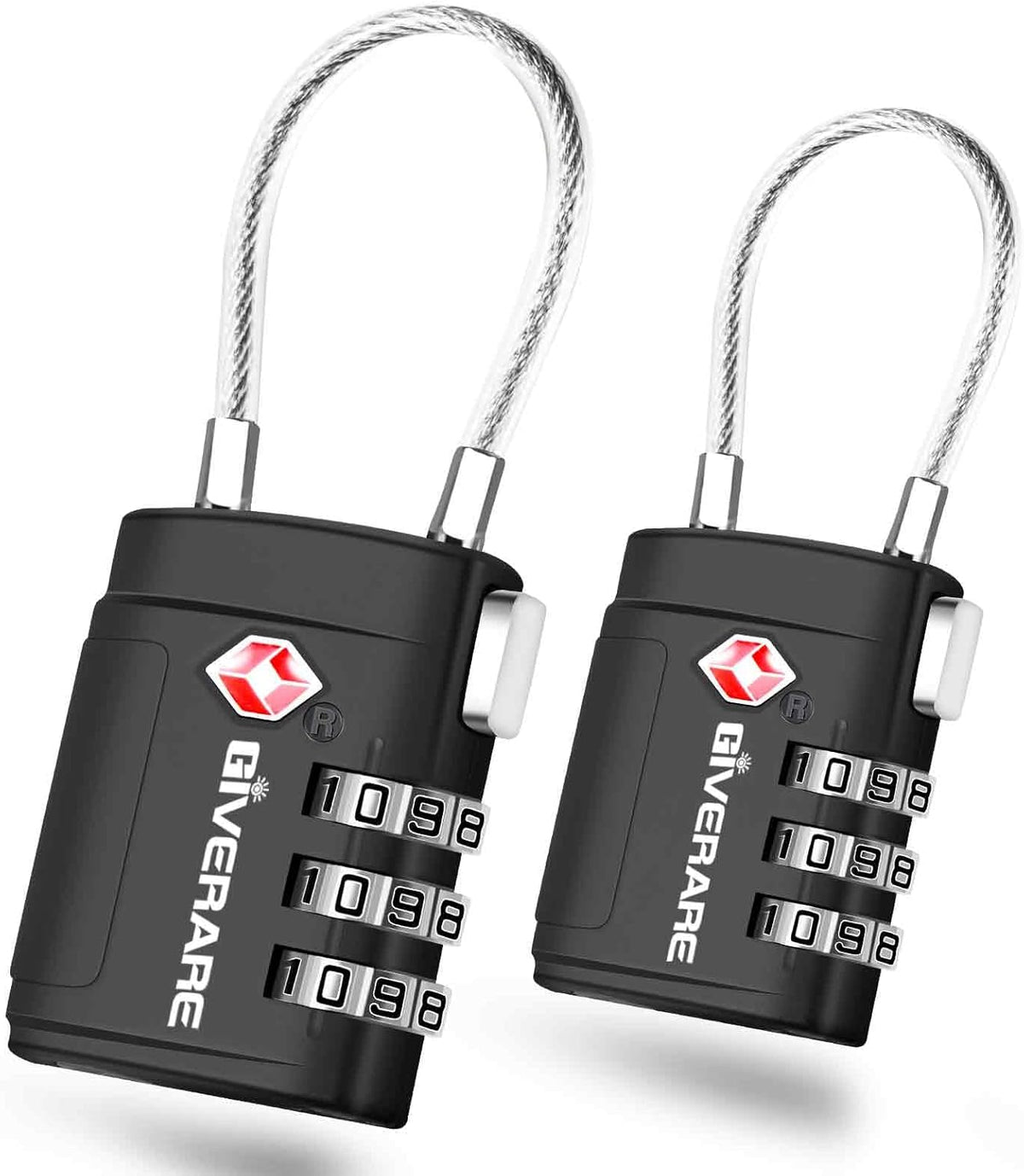 2 Pack TSA Approved Luggage Locks, Cable Travel Lock Alloy, Set Your Own Combination Metal Suitcase Zipper Padlock, 3-Digit Long Shackle Padlocks for Gym Locker, Golf Bag, Case Anti Theft-Black