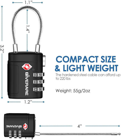 2 Pack TSA Approved Luggage Locks, Cable Travel Lock Alloy, Set Your Own Combination Metal Suitcase Zipper Padlock, 3-Digit Long Shackle Padlocks for Gym Locker, Golf Bag, Case Anti Theft-Black
