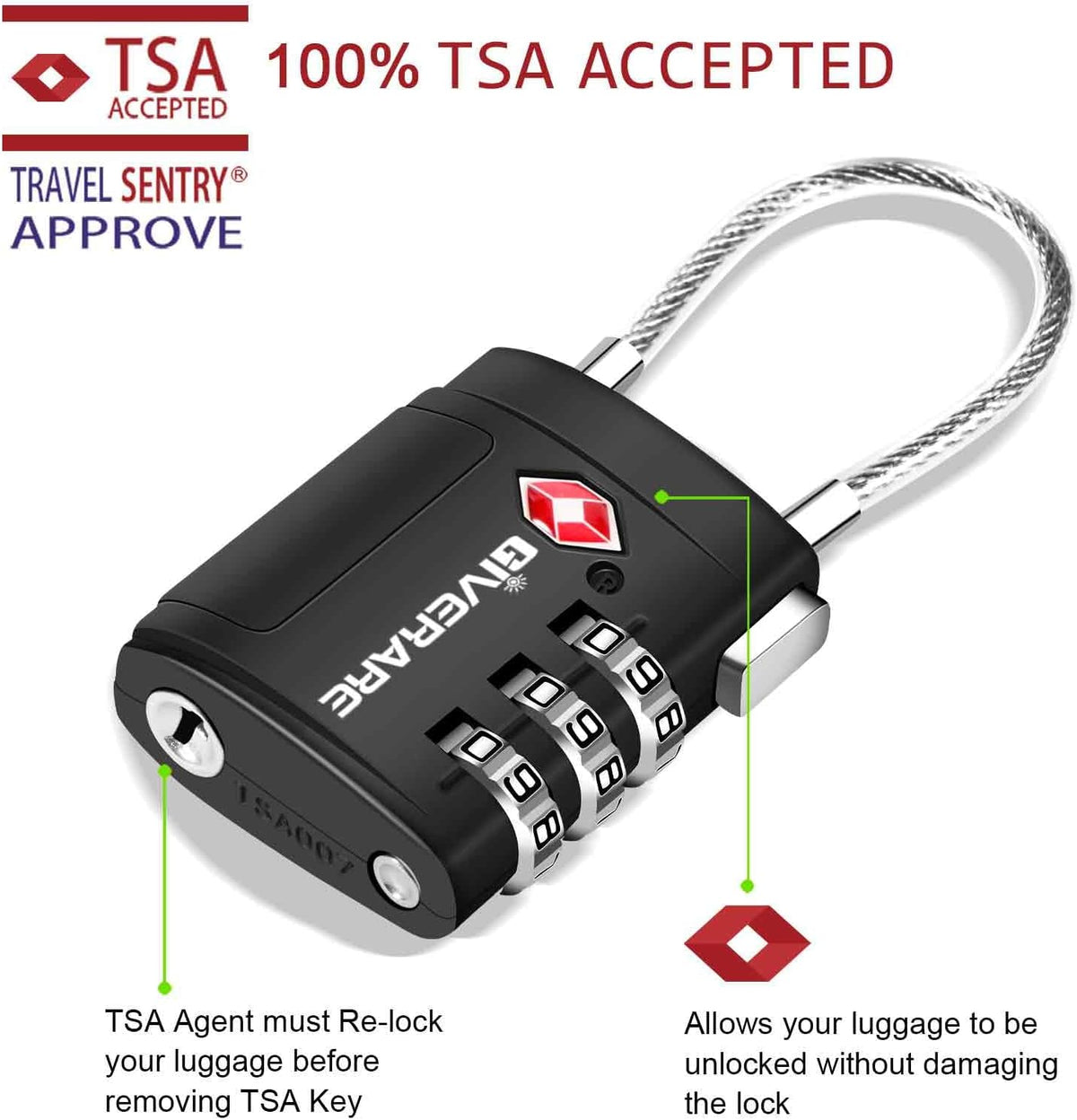 2 Pack TSA Approved Luggage Locks, Cable Travel Lock Alloy, Set Your Own Combination Metal Suitcase Zipper Padlock, 3-Digit Long Shackle Padlocks for Gym Locker, Golf Bag, Case Anti Theft-Black