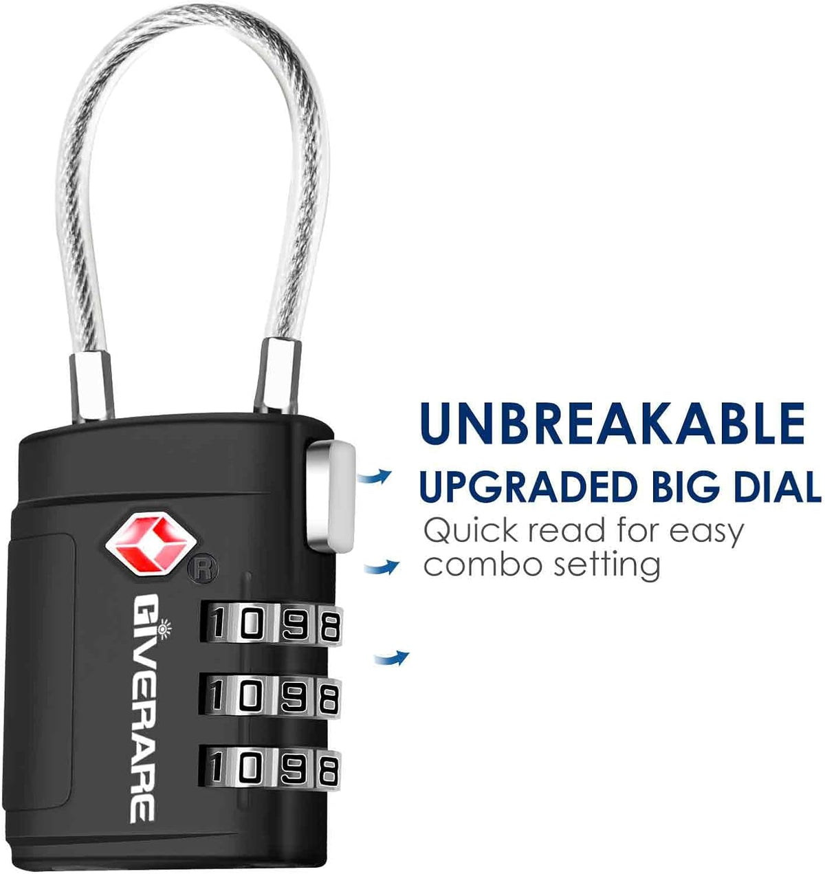 2 Pack TSA Approved Luggage Locks, Cable Travel Lock Alloy, Set Your Own Combination Metal Suitcase Zipper Padlock, 3-Digit Long Shackle Padlocks for Gym Locker, Golf Bag, Case Anti Theft-Black