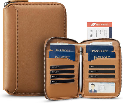 Leather Passport Holder for 4-8 Passports Family RFID Blocking Passport Wallet with Zipper Travel Documents Organizer for Men or Women (Brown)