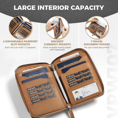 Leather Passport Holder for 4-8 Passports Family RFID Blocking Passport Wallet with Zipper Travel Documents Organizer for Men or Women (Brown)