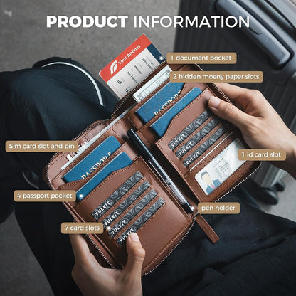 Leather Passport Holder for 4-8 Passports Family RFID Blocking Passport Wallet with Zipper Travel Documents Organizer for Men or Women (Brown)