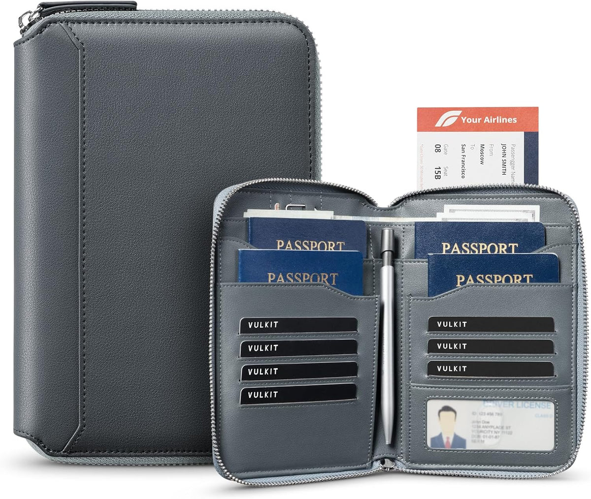 Leather Passport Holder for 4-8 Passports Family RFID Blocking Passport Wallet with Zipper Travel Documents Organizer for Men or Women (Brown)