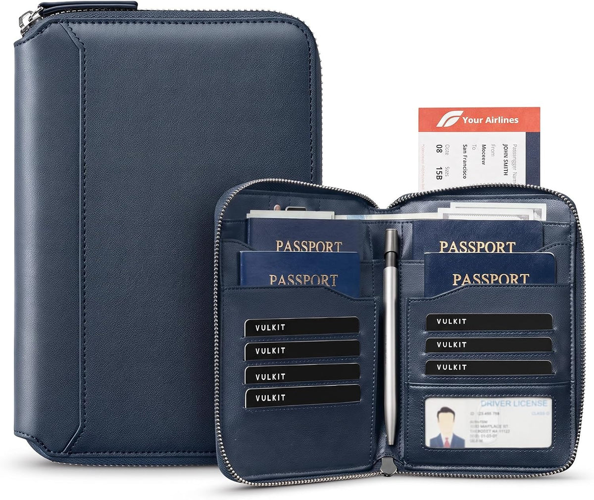 Leather Passport Holder for 4-8 Passports Family RFID Blocking Passport Wallet with Zipper Travel Documents Organizer for Men or Women (Brown)