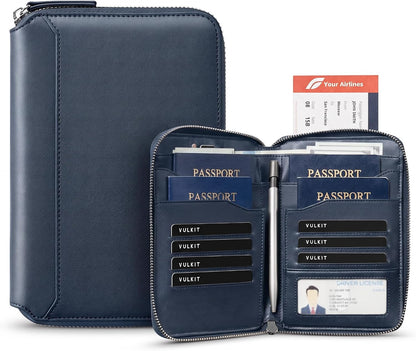 Leather Passport Holder for 4-8 Passports Family RFID Blocking Passport Wallet with Zipper Travel Documents Organizer for Men or Women (Brown)