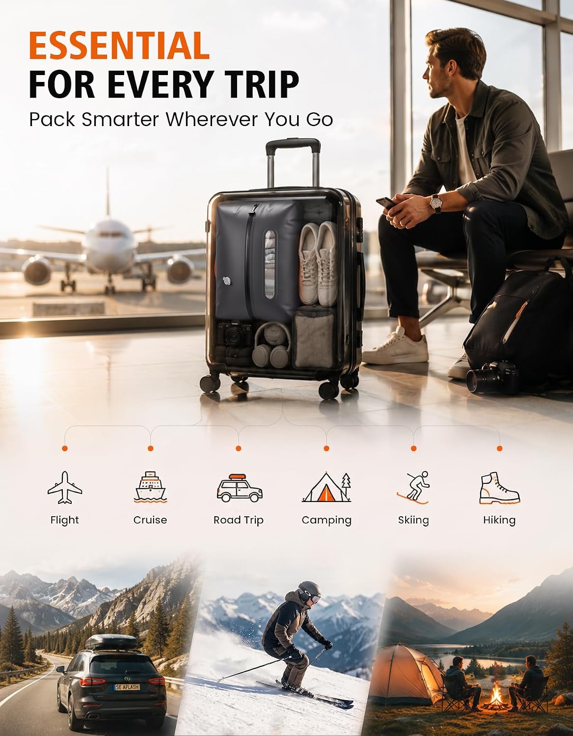 Vacuum Travel Bags with Pump, 2 Pack 34L Space Saver Vacuum Compression Bags for Travel Luggage Suitcase Backpack, Waterproof & Reusable Vacuum Packing Cubes for Clothing（2Pcs+Pump)
