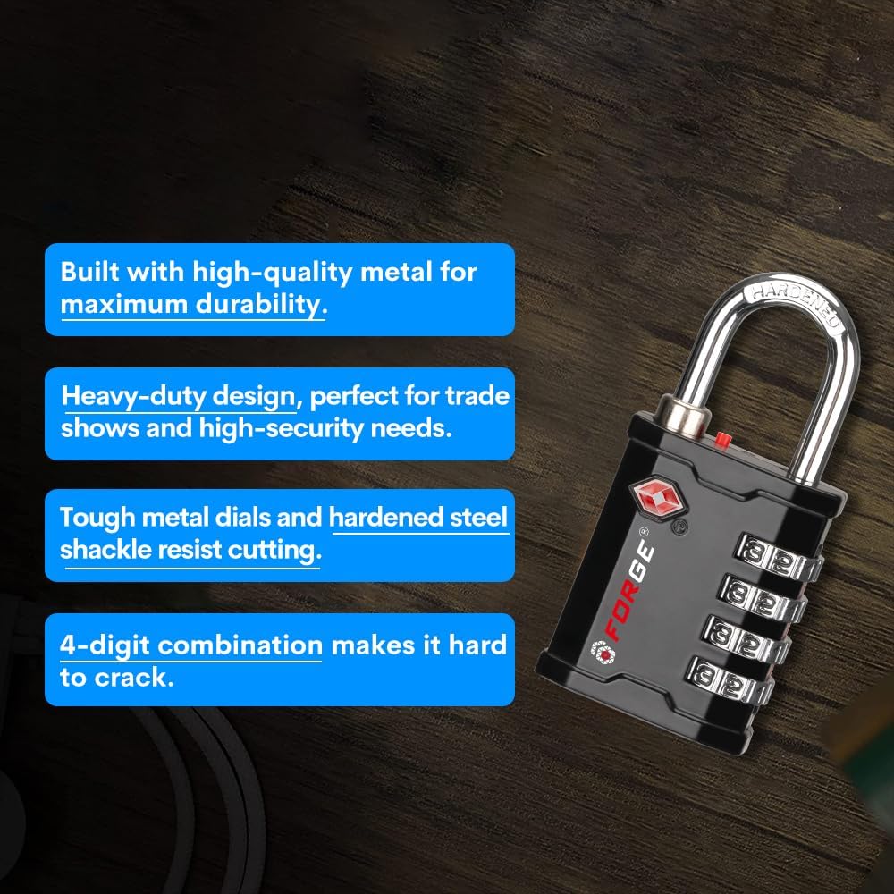 4-Digit TSA Approved Travel Locks – Heavy-Duty Combination Padlock for Travel, Gym, Pelican Case. Black 2-Pack.