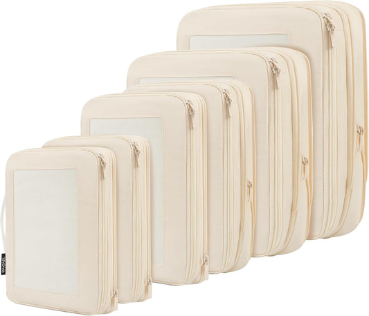4 Set/6 Set/8 Set Compression Packing Cubes Travel Accessories Expandable Packing Organizers (Square Mesh, 06-Beige) - Colors B